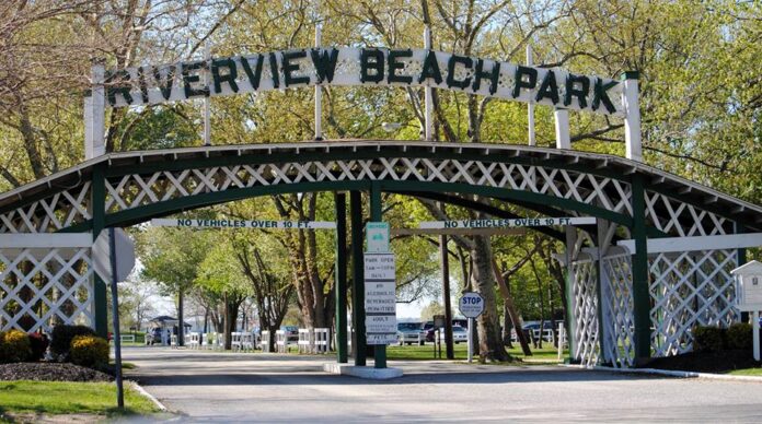 Riverview Beach Park Wooden Entrance in Pennsville, NJ