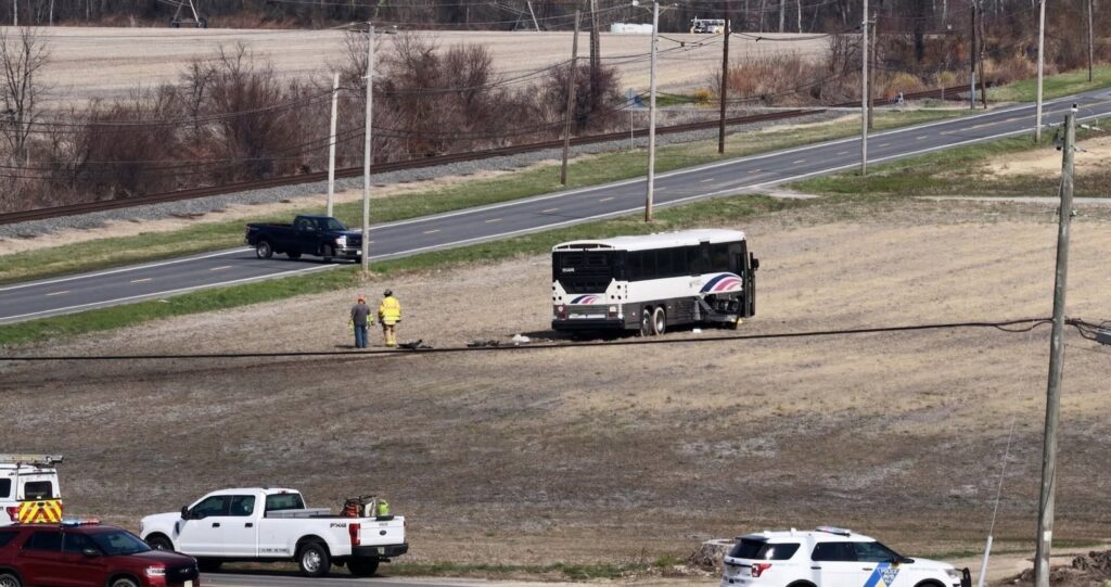 Far away view of NJ Transit bus involved in the Accident this morning in Pilesgrove Twp.