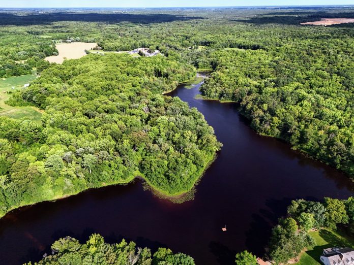 Aerial Ribbon of Deep Run: A striking high-altitude aerial view showcasing the deep, reflective waters of Elkinton Millpond carving a dramatic V-shape through Alloway Township’s dense forest canopy. The perspective perfectly illustrates the pond’s role as a natural wetland buffer zone, nestled tightly against the sweeping agricultural fields of Salem County.
