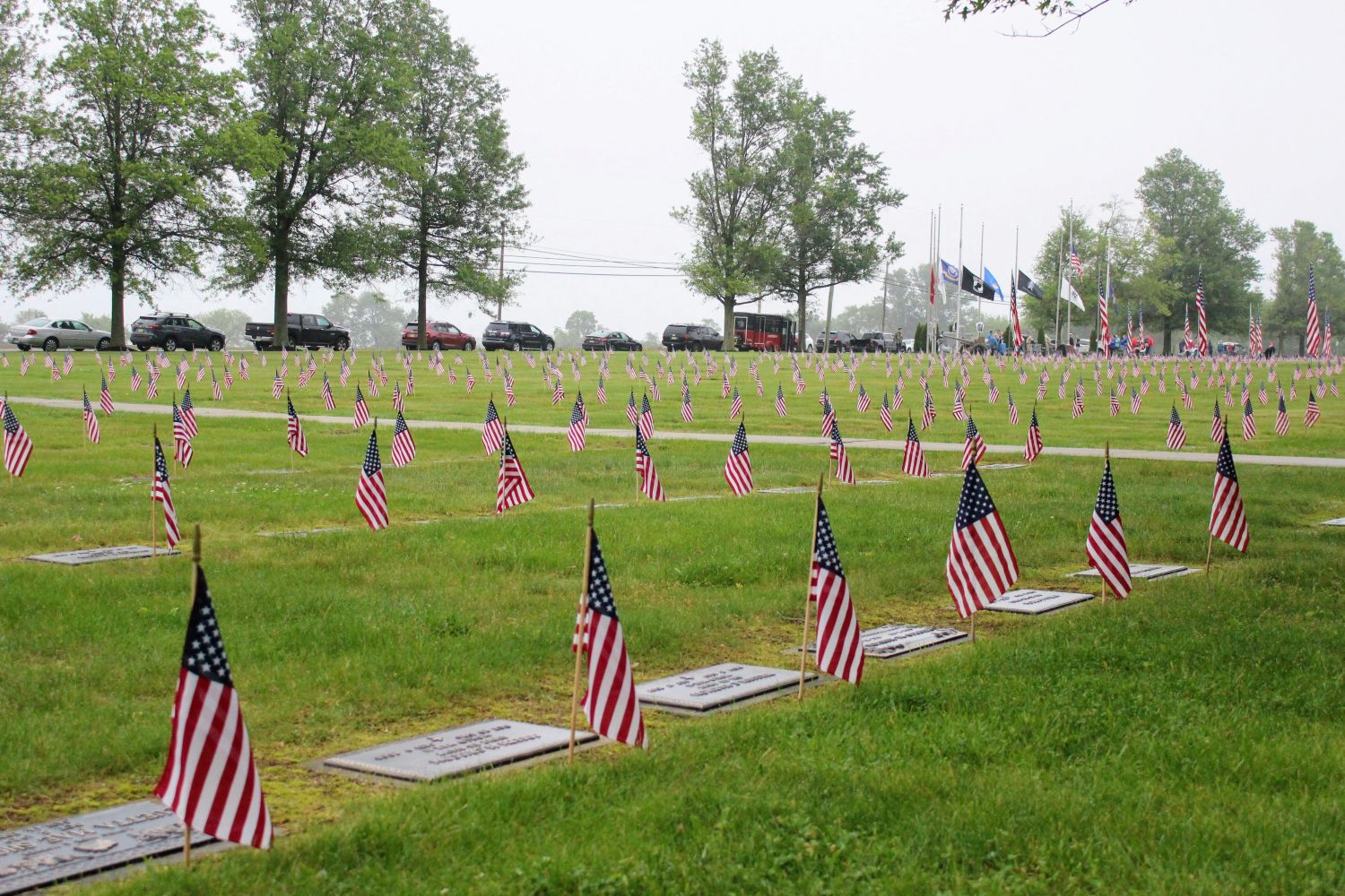 Flags line the graves of Veterans at the Memorial Day 2026 Services held at Salem County Veterans Cemetery