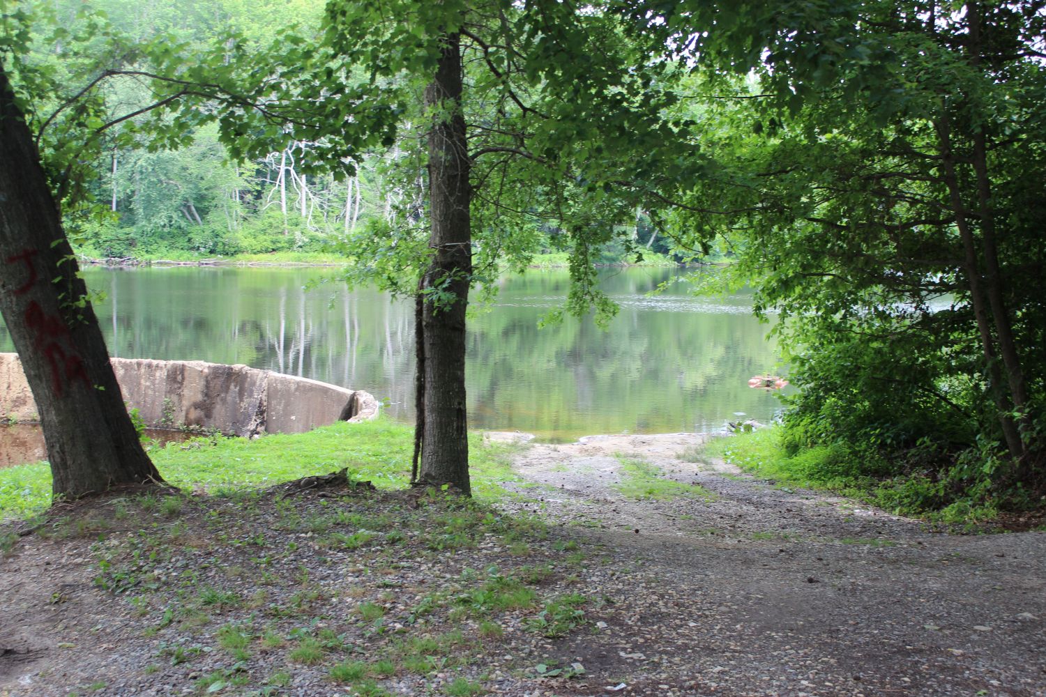 The Unimproved Hand-Launch Path: Framed by mature deciduous trees, a gravel-and-dirt access path leads directly down to the water's edge, serving as a primitive launch site for local kayakers. On the left, the sweeping concrete wall of the dam sits high above the current waterline, providing clear visual evidence of how much the pond's depth has naturally receded over the last few decades.