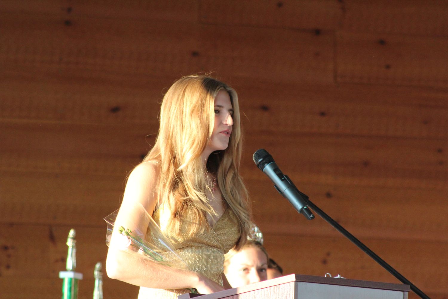 Leah Clark answering a question during the Queen Competition