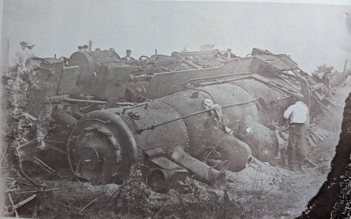 The overturned locomotive in the Alloway gravel pit, September 1914 — fireman Frank Treen was killed in the wreck. (Alloway Remembers)