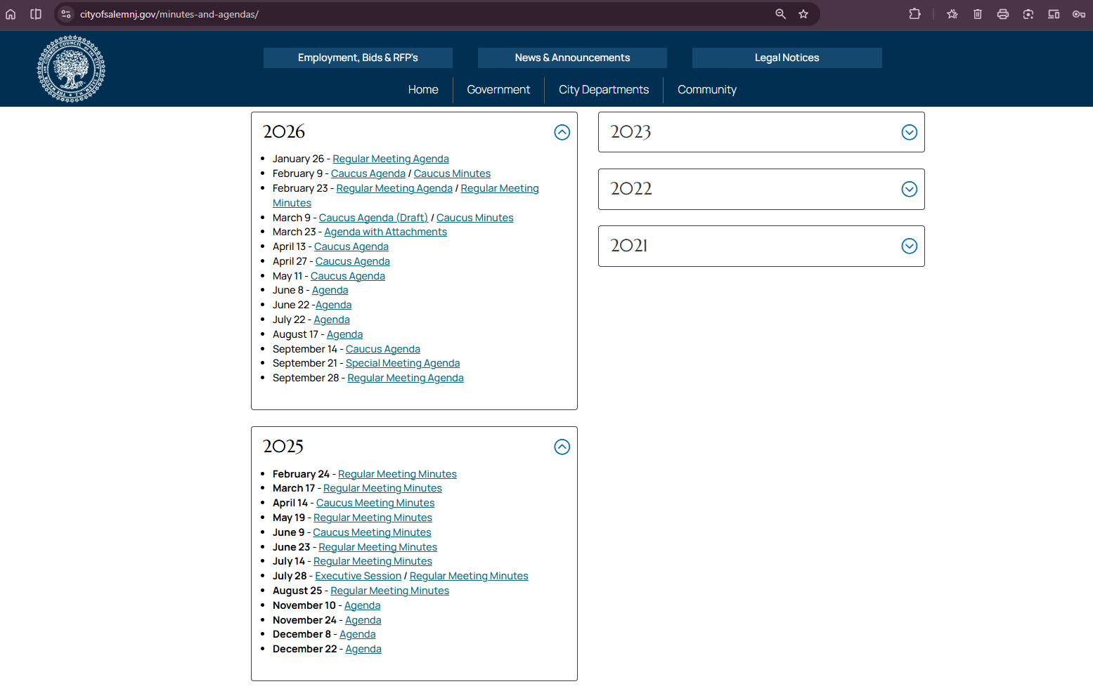 Salem City Website Meeting Minute and Agenda Page as of 9.29 at 5am