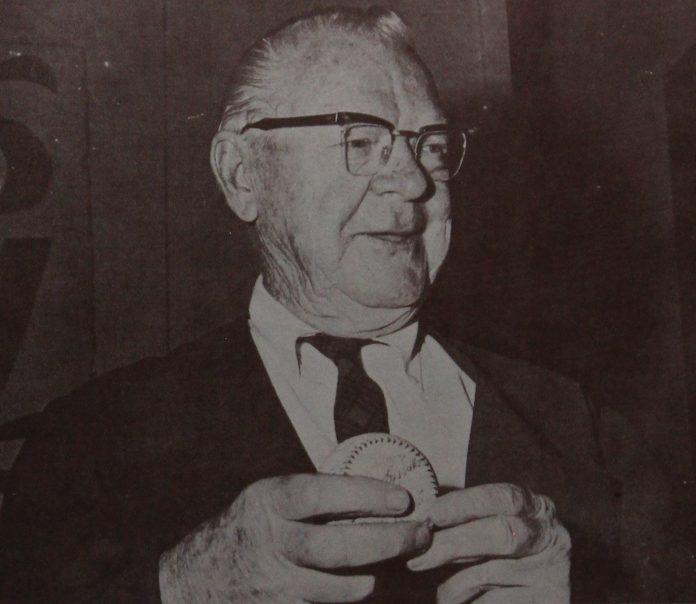 Whitey Witt in his later years, holding one of his prized baseballs. (Alloway Remembers)