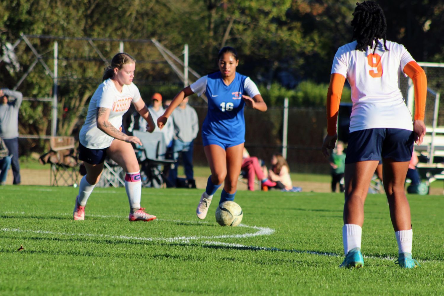 No. 16 Woodstown Mariah Hyman, who had a goal and an assist for Woodstown. No. 9 Overbrook's Najhae Shepherd defends