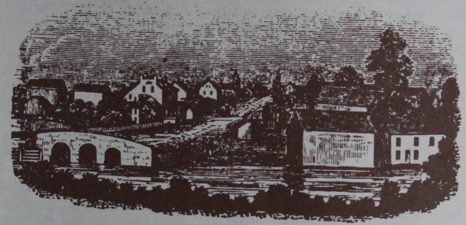 Allowaystown from the north, with Reeve & Brothers' mills at the right of the picture. The book reproduces this engraving with its original caption, which calls the place "a thriving village at the head of navigation, on Alloways creek, 6 m. E. of Salem," with two churches, several stores and about 800 inhabitants. (Alloway Remembers, p. 94)
